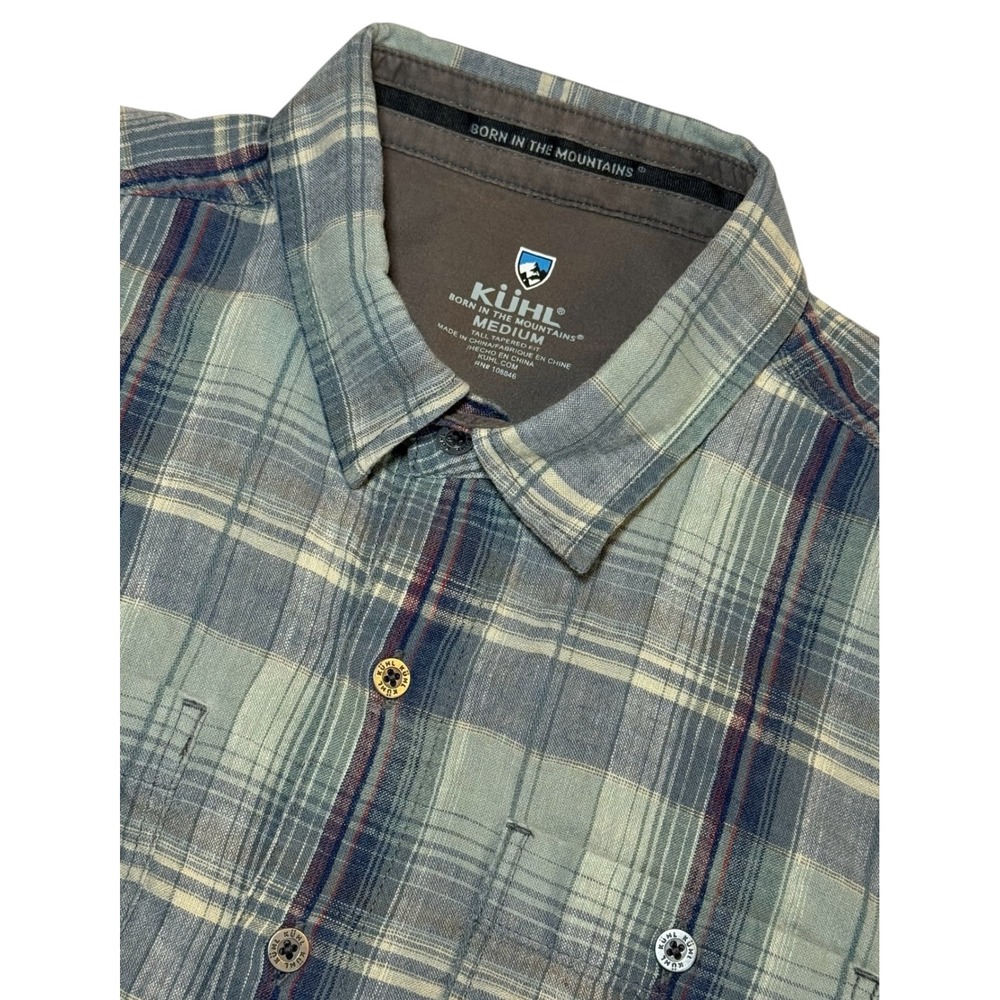 Kuhl Mens M Tall Tapered Fit Shirt Plaid Short Sleeve Linen Blend Metal Button